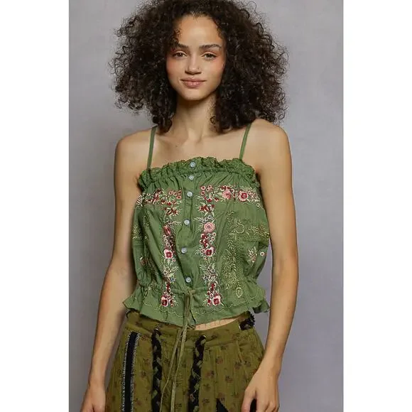 "Delight" Embroidered Poplin Top in Grass Green - Picture 3 of 5